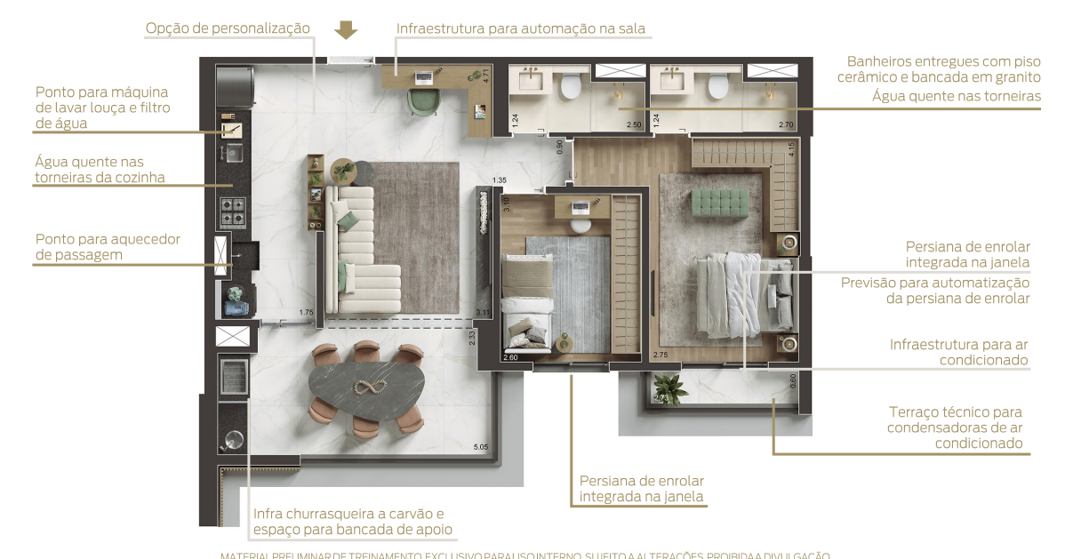 Planta 75 a 76 m² · 2 Dormitórios